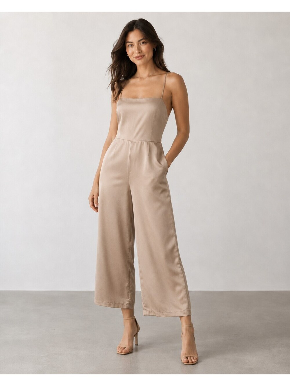 Abercrombie & Fitch Womens M Taupe Satin Wide Leg Jumpsuit Cami Open Back